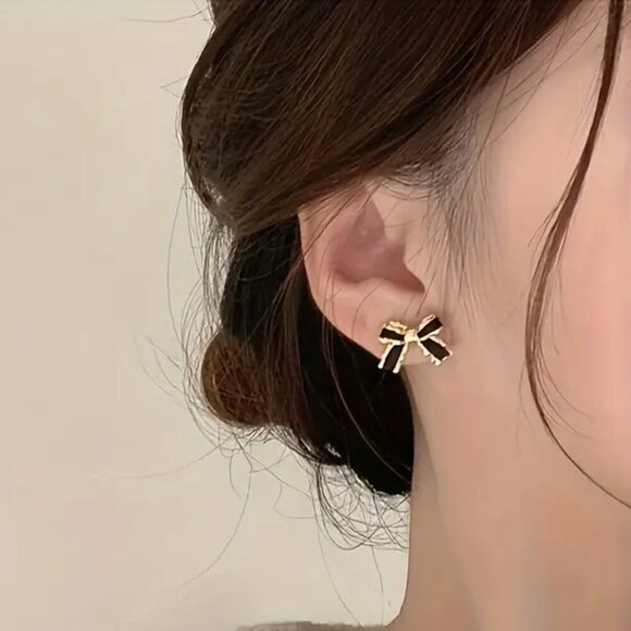 NEW Black coquette bow earrings, black & gold bow jewelry gold bow stud earrings - Picture 3 of 5